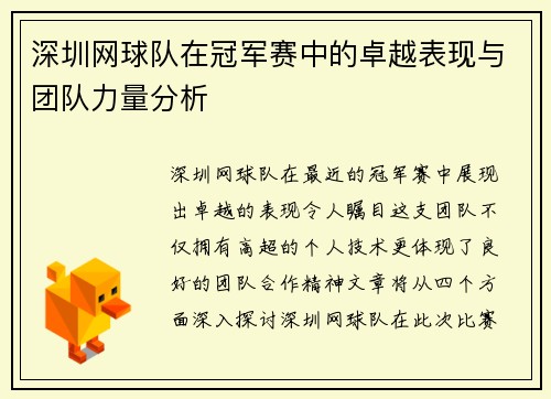 深圳网球队在冠军赛中的卓越表现与团队力量分析